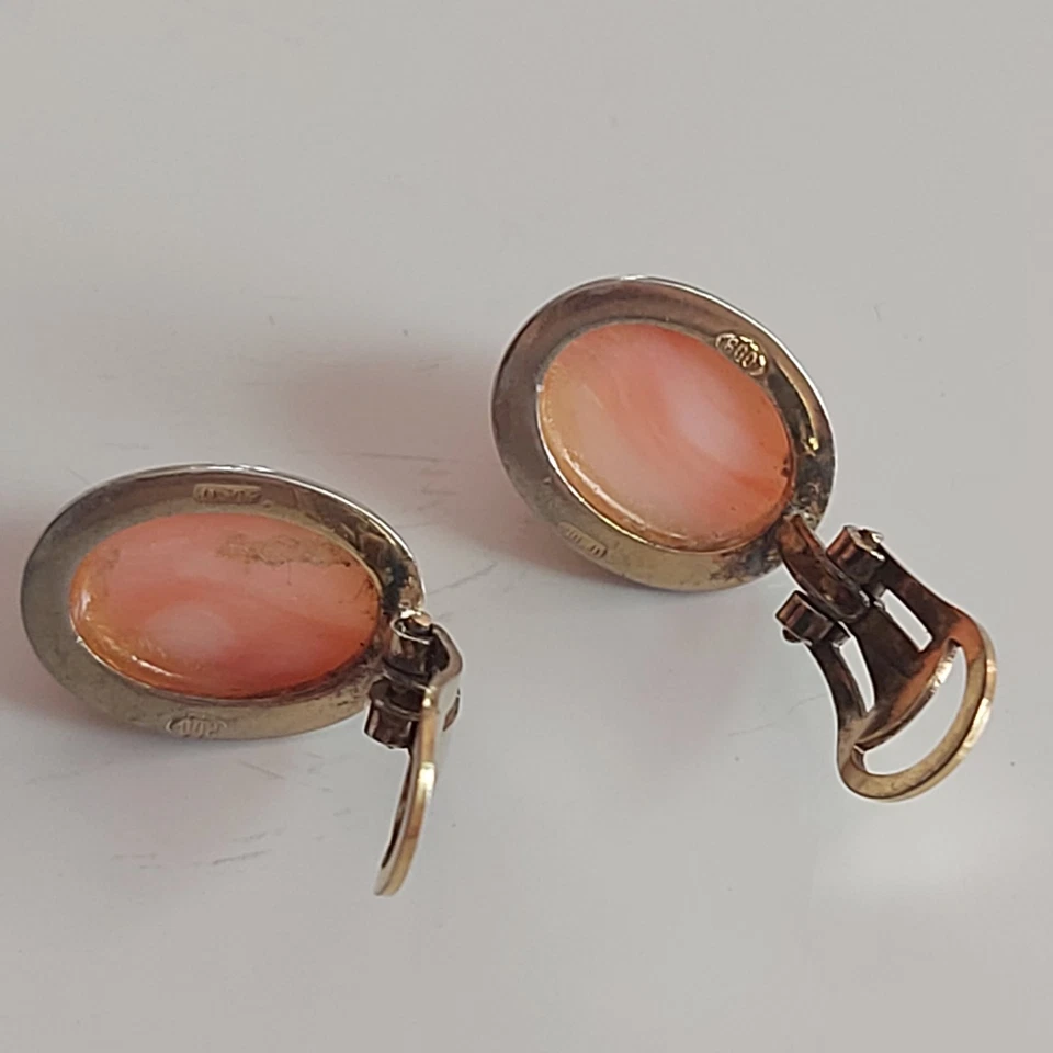 CORALLO ROSA ORECCHINI A CLIP ARGENTO 800 PLACCATO ORO VINTAGE - Immagine 4 di 4