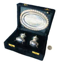 Metal Boxed Salt and Pepper with Tray India Silver Plated Metalware Vintage ra