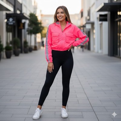 IRIS Pink Hooded Zip Windbreaker Jacket Striped Pockets Women's L Long Sleeve