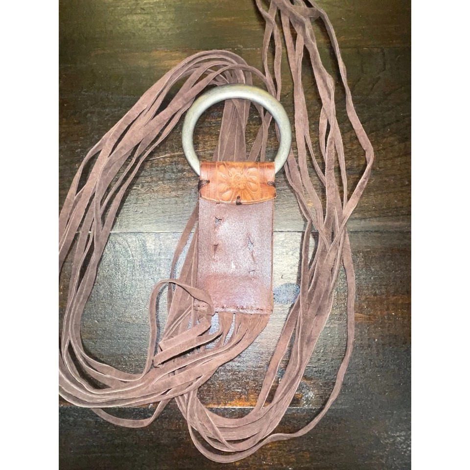 Brown Suede Fringe Belt Western Boho Accent Belt with Metal Ring Buckle - Image 2 of 4