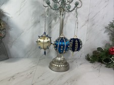 Vintage Blue Beaded Sequin Christmas Ornaments Push Pin Satin Pearl Lot of 3