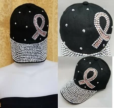 Pink Ribbon Breast Cancer Awareness Baseball Cap Hat Bling Rhinestone Black New 