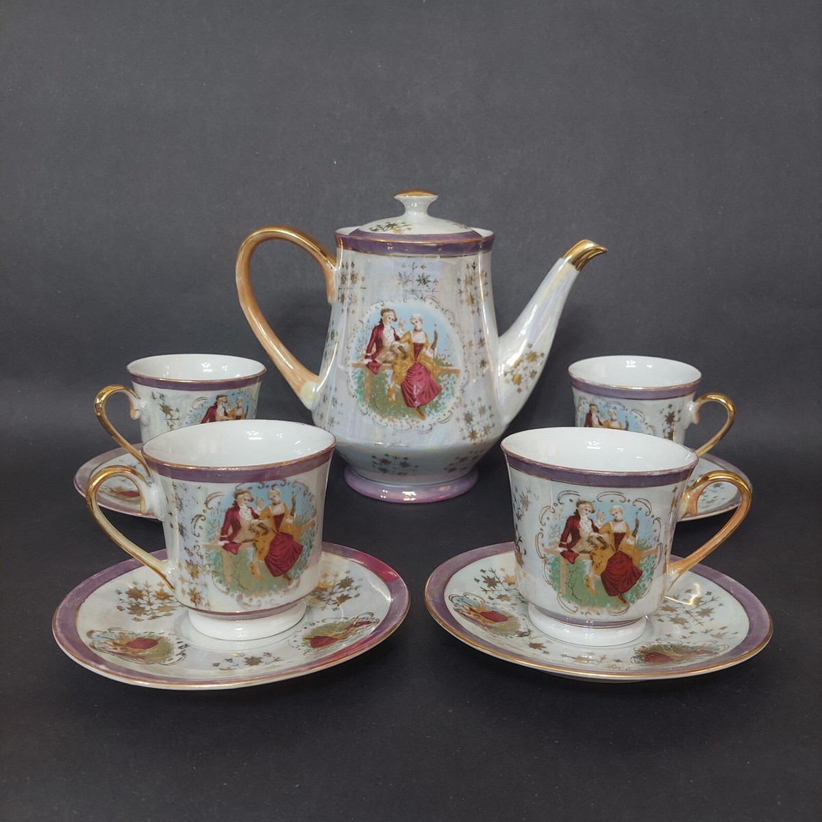 Vintage Porcelain Romeo and Juliet Set of 4 Cups with Saucers and