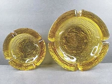2 Anchor Hocking Soreno Gold Ashtrays Set Vintage Round Amber Glass Mid Century