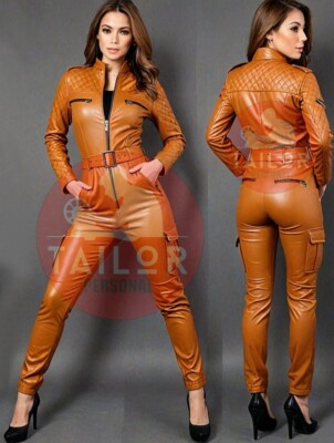 Women's Real Tan Leather Catsuit Front Zipper Tight Fit Kink Lady Jumpsuit Club