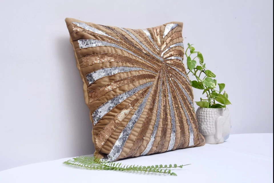 Handmade Golden Silver Pearl Beaded Cushion 16X16 Set of 2 Couch cushion - Image 3 of 4