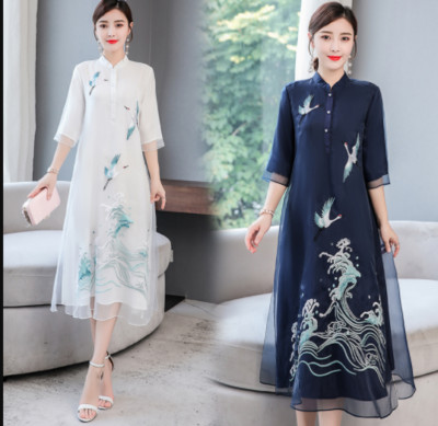 Womens A-Line Chinese Style Dress Embroidery Qipao Loose Hanfu Ethnic Cheongsam