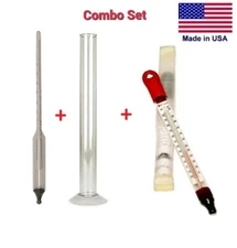 Triple Scale Hydrometer Gravity Balling Beer Wine + Test Jar + Thermometer SET ❤