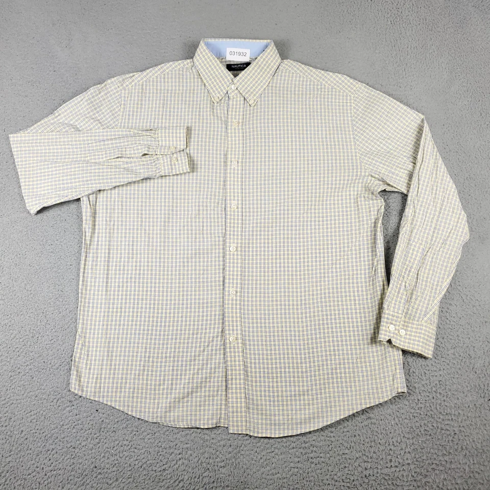 Nautica Shirt Mens Size 16.5 Yellow Blue Plaid Dress Button Up Long Sleeve * - Image 2 of 4