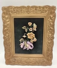 Vintage Raised 3D Porcelain Bouquet Gold Frame Black Velvet Cream  Green Purple