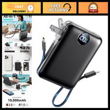 Compact 10000mAh Portable Power Bank with Built-in Cables AC Plug - Fast Charg