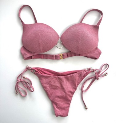 Calzedonia Women s S Pink Shimmer 2 Pc Bikini Set Super Push Up Top & Scrunch 