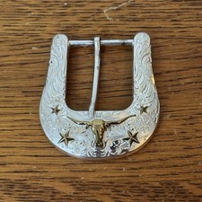 Western Silver Tone Belt Buckle Longhorn Steer Star Engraved Cowboy