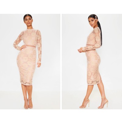 PRETTY LITTLE THING Dress 4 Midi Bodycon Lace Sheer Sleeve Cocktail Sexy  Wedding | eBay
