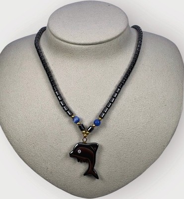 Hematite Dolphin Pendant Necklace with Blue Glass Cat Eye & Barrel Clasp
