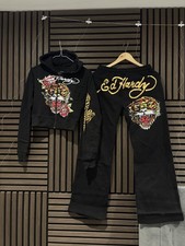 Ed Hardy lion Tracksuit Women black cropped hoodie and wide leg pant Medium