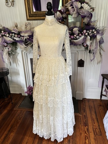 Abito da sposa vintage originale da sposa 4 strati pizzo con volant S, sottoveste, velo S - Foto 2 di 21