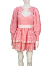 LoveShackFancy Womens Designer Floral Embroidered Pink Cotton Short Mini Dress S