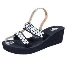 Yellow Box Mercy Womens Wedge Sandals Size 11 Summer Black Rhinestone Leather