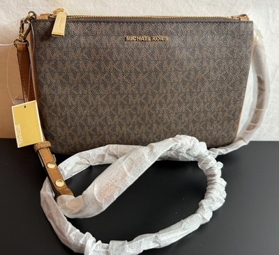 Michael Kors Brown Logo Print Large Double Pouch Crossbody Jet Set New Tags