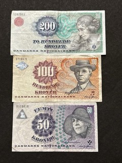 1997 Series National Bank Of Denmark 50 100 & 200 Kroner Banknotes Set