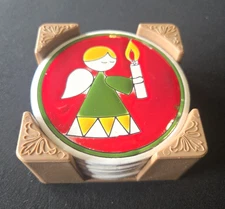 Set of 5 Angel Candle Ceramic Coasters w/ Holder Hand Painted Greece Christmas
