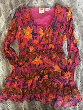 Farm Rio Long Sleeve Mini Dress Orange Pink Floral Tropical Size M READ