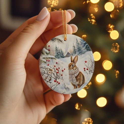 Winter Ornament - Winter Snowy Bunny Ceramic Ornament Keepsake, Retro Xmas Fo... - Picture 5 of 6