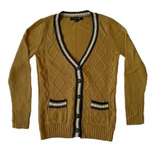 Forever 21 Cardigan Gold/Blue Button Up V Neck Pockets Cable Knit