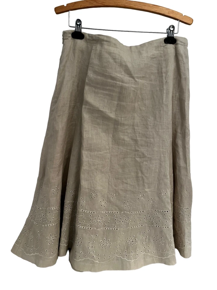 Falda Trompeta SAINT TROPEZ WEST 100% Lino Talla 10 Midi Cremallera Lateral Marfil Ojales Foto 2 de 4