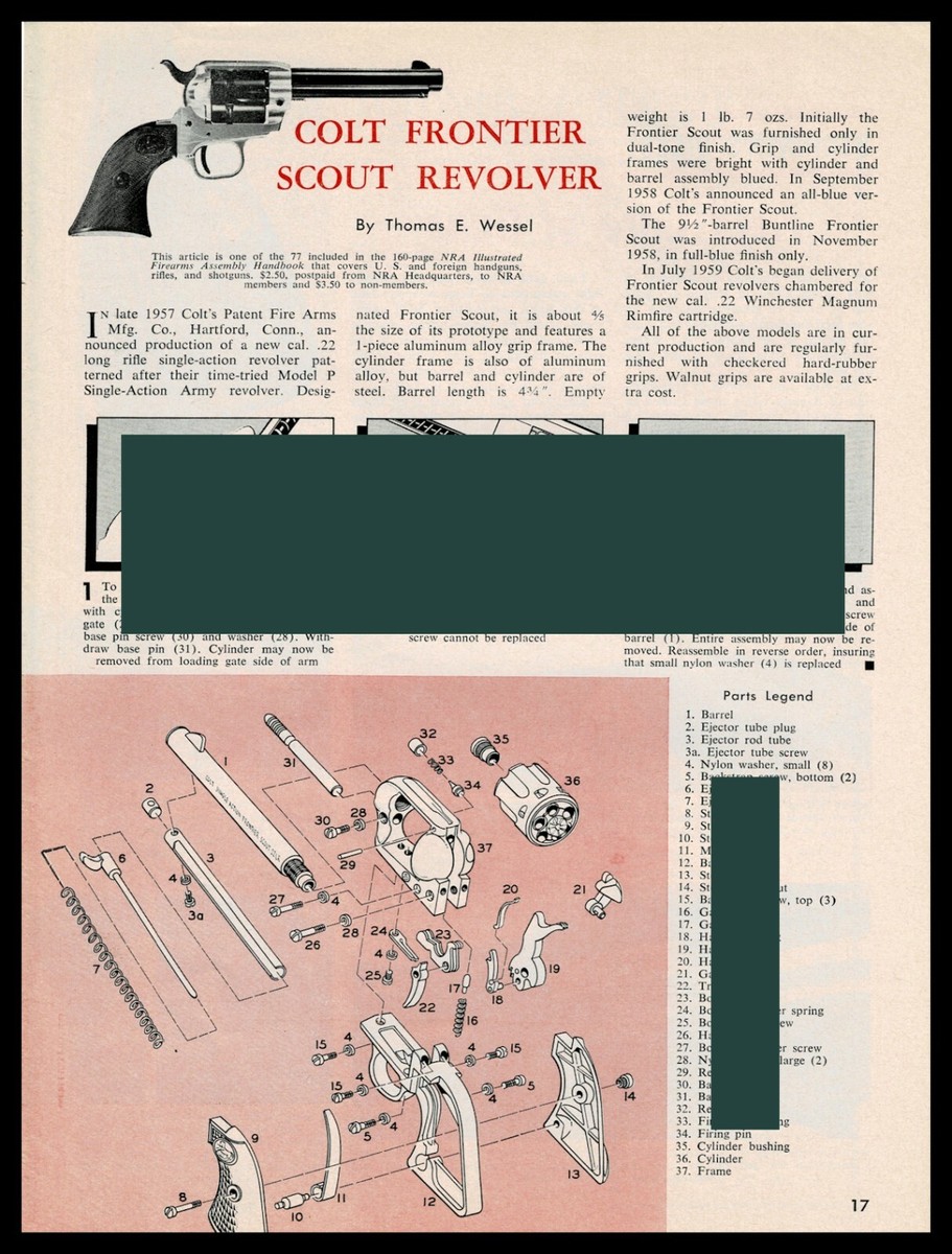 1961 COLT Frontier Scout Revolver Parts List Disassembly Assembly