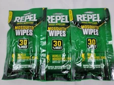 QTY 3 Repel Mosquito Repellent 30% DEET Ticks Chiggers Gnats Bugs Wipes 15 Pack
