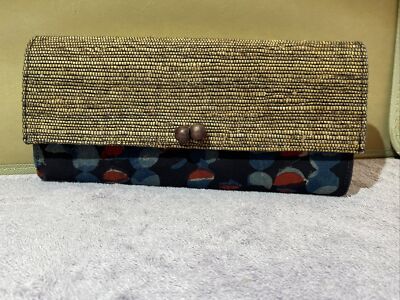 Vintage OKPTA 1519426 Brown Blue Red Fabric Clutch Bag Magnetic 