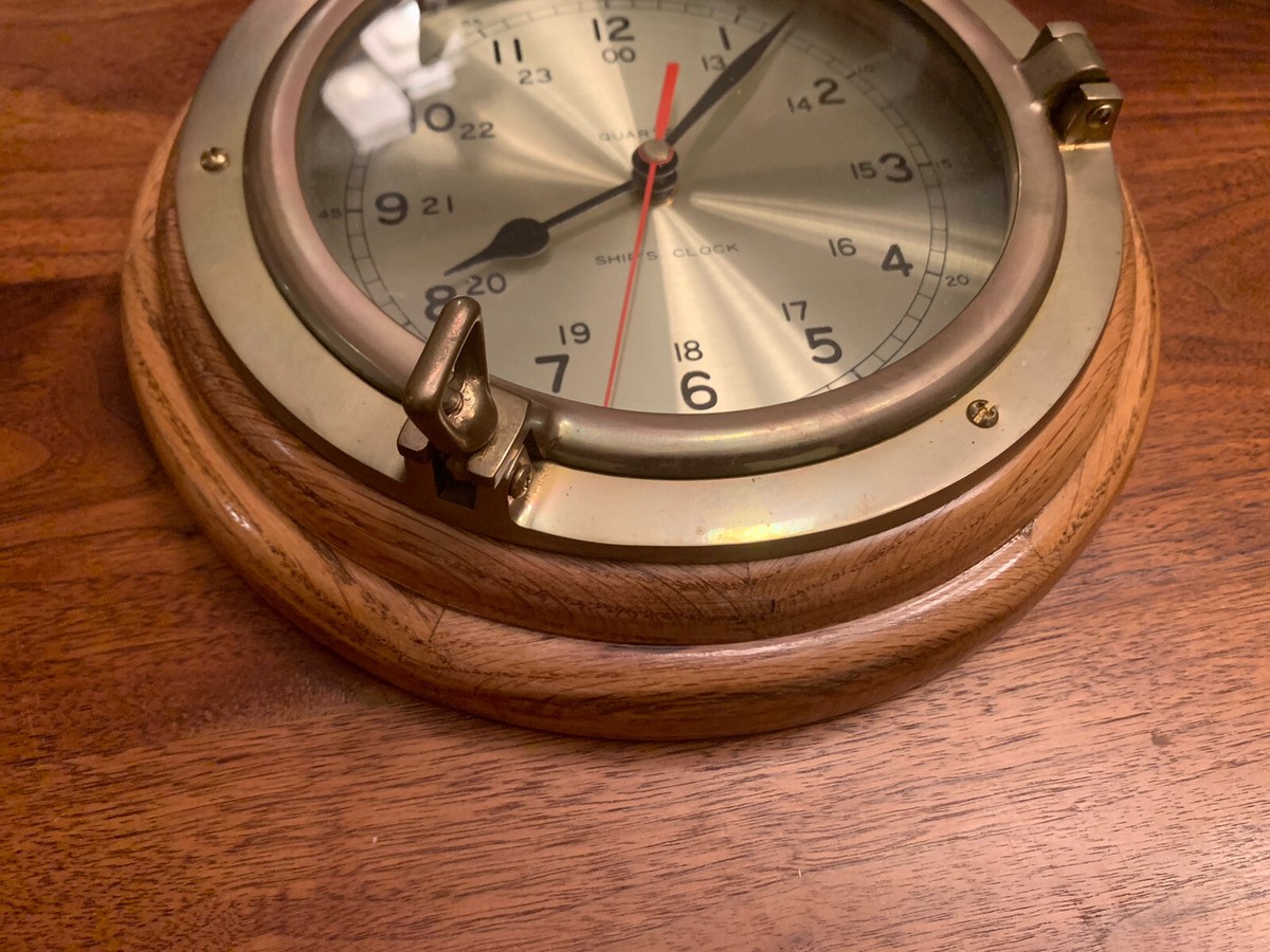 Vintage Ship's Time Oak Wood Brass Wall Clock Porthole Quartz