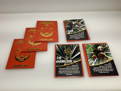 King Fu Panda 4 Trading Cards 1 Po, 1 Chameleon, 1 Zhen + 3 Unopened Cards