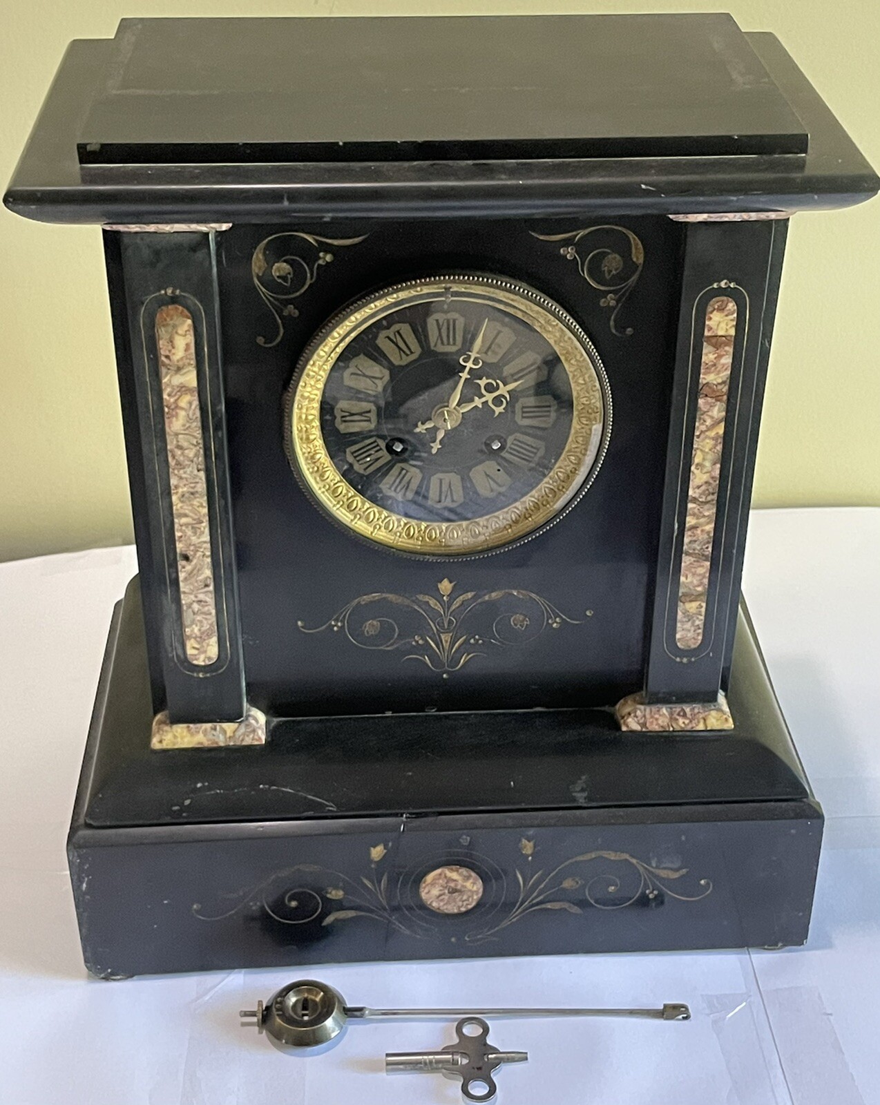 Antique French Black Slate Flower Deco Gong Chime Mantle Clock 14" x 12" x 7"