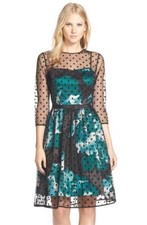 Eliza J Belted Polka Dot Mesh Overlay Fit & Flare Black Dress (Petite) Size 12P