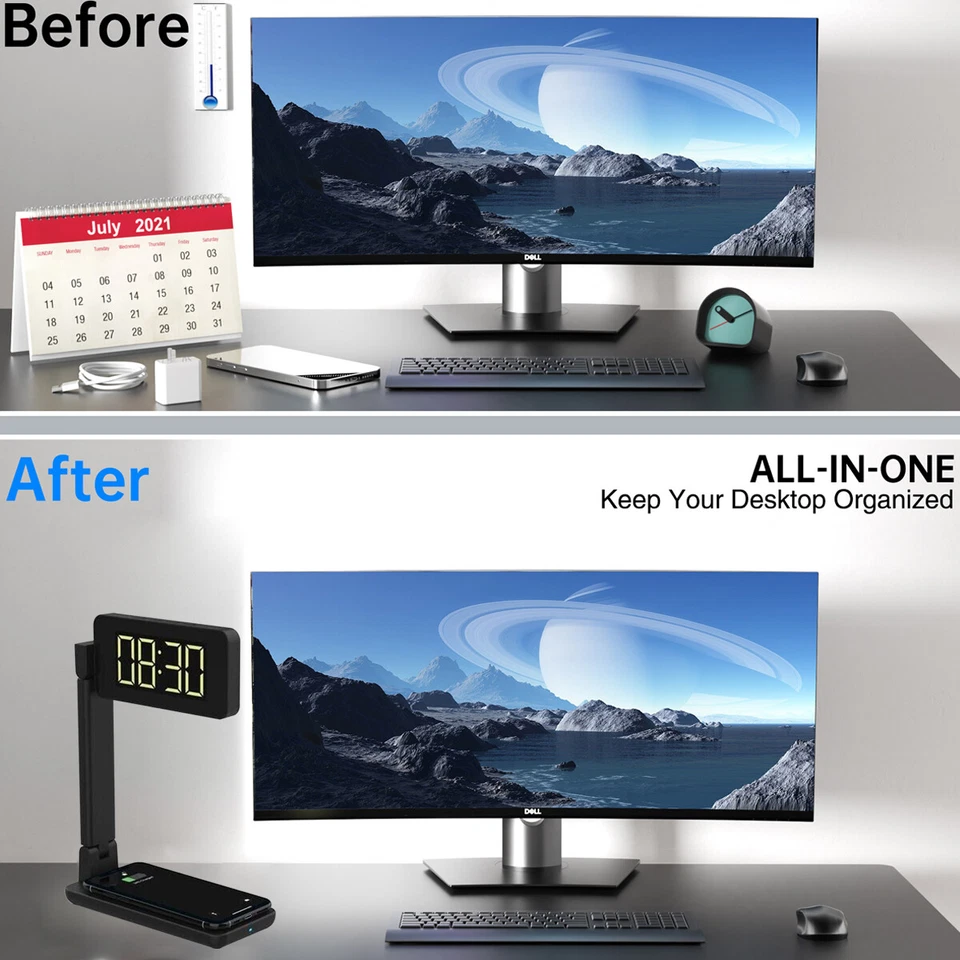 Bedside Night Light Desk Lamp w/ Wireless Charger USB Charging Port Clock Office - Image 4 of 4