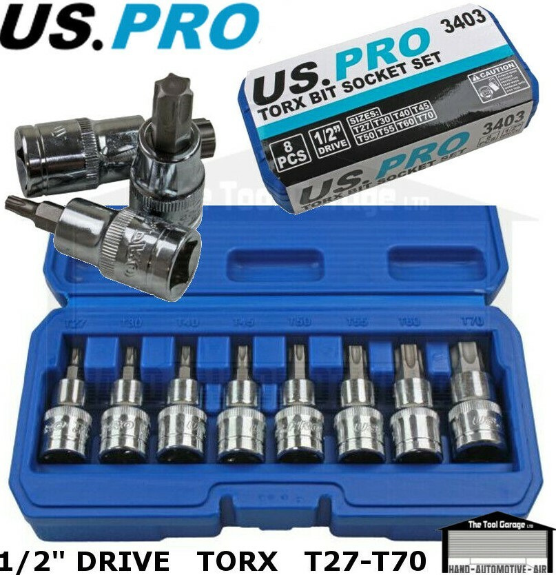 US PRO Tools 8pc 1/2"" dr Torx Bit Socket Set Sockets for Ratchets T27 - T70 3403