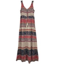 Beach Lunch Lounge Maxi Dress Tiered Rust Tan Batik Sleeveless Hippie Boho Sz SX