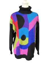 VINTAGE Rafaella Sweater Womens Medium Black Turtleneck Angora Colorblock 90s