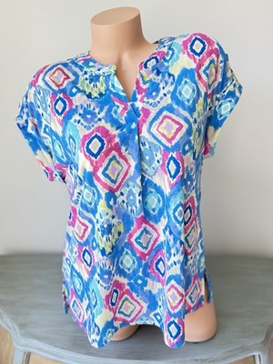 Dear Scarlett Blouse Lizzy Tunic Top S Bright Spring Geoprint Womens Blue Slub V