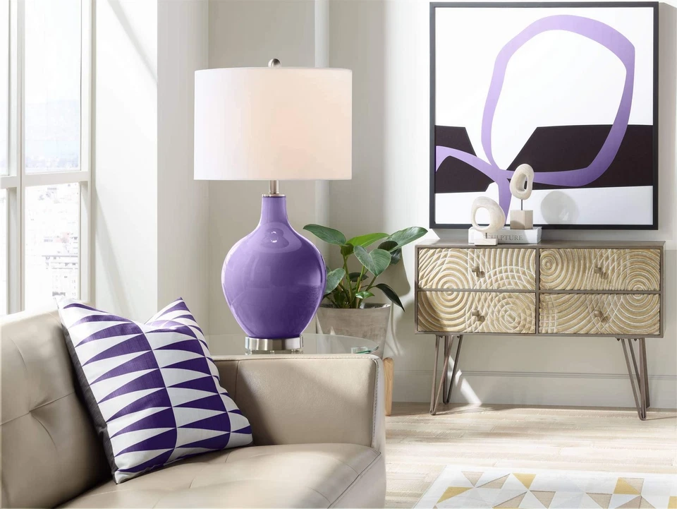 Lámpara de Mesa Moderna 28.5" Alto Izmir Vidrio Púrpura OVO Blanco Lino Tambor Pantalla para... Foto 3 de 4