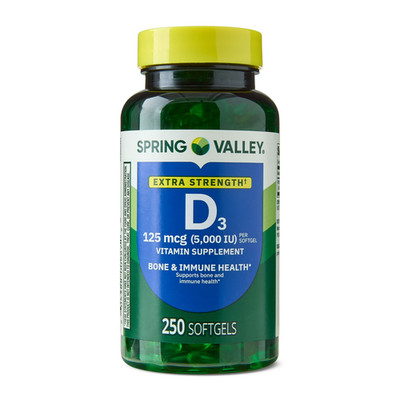 Spring Valley Extra Strength Vitamin D3 Softgels, 125 mcg (5000 IU), 250 Count
