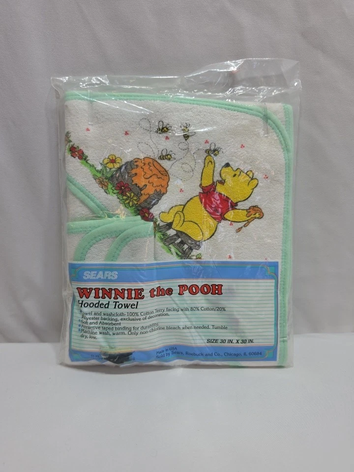 Vintage Sears Winnie the Pooh Hooded Baby Bath Towel & Washcloth USA Made NEW