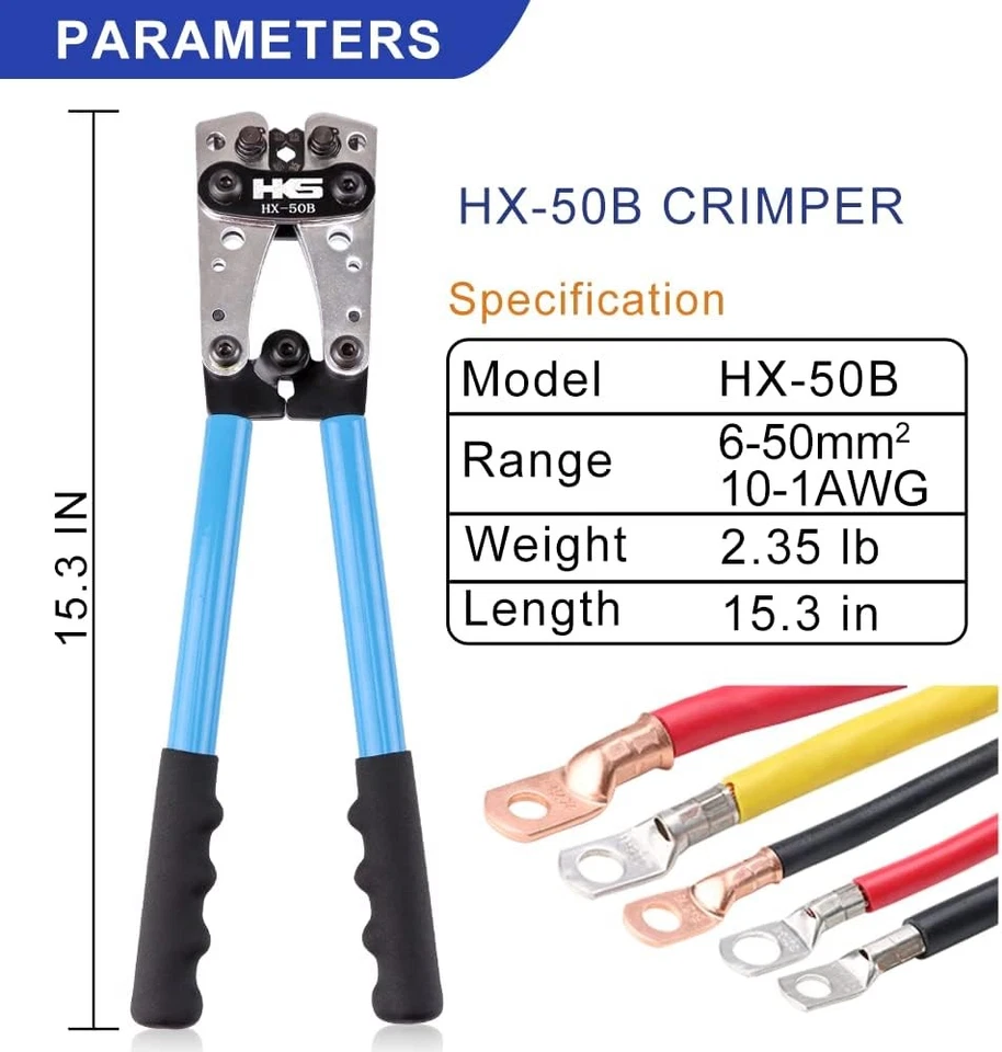 Herramienta de prensado de cables de batería HKS para terminales de anillo de cobre AWG 10-1, azul  Foto 3 de 4