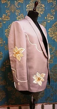 Mauve Floral Embroidered Blazer And Pant Set With White Piping And Gold Appliqué
