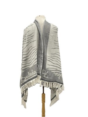 H74# Renato Balestra Roma Scarf Gray White Striped Logo Fringe Cotton Polyester