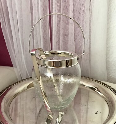 50er 60er Eiswürfelbehälter Eiseimer Eiskübel Glas Zange versilbert Craquelée