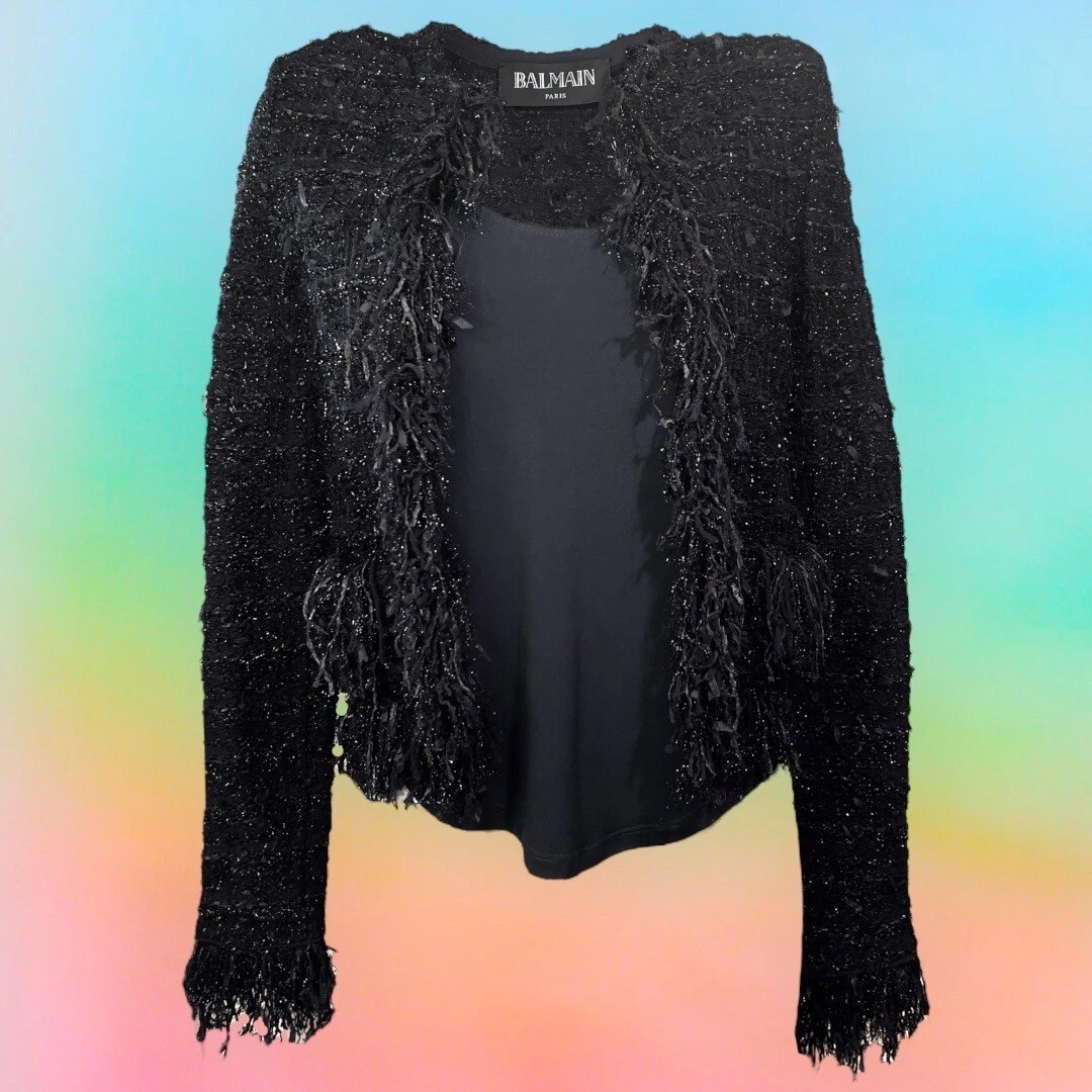 Balmain — Authentic BALMAIN Tweed Fringe Sparkly Black Jacket Blazer - Size 34 France